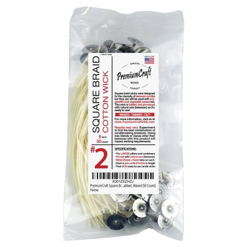 Square Braid Cotton Candle Wick #2, Tabbed and Waxed, 50 Count