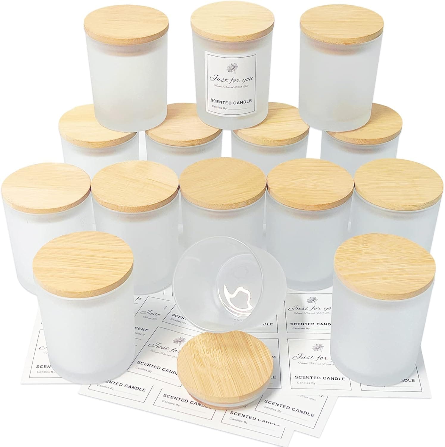 CONNOO Frosted Candle Jars with Bamboo Lids, 7 oz, 15 pack