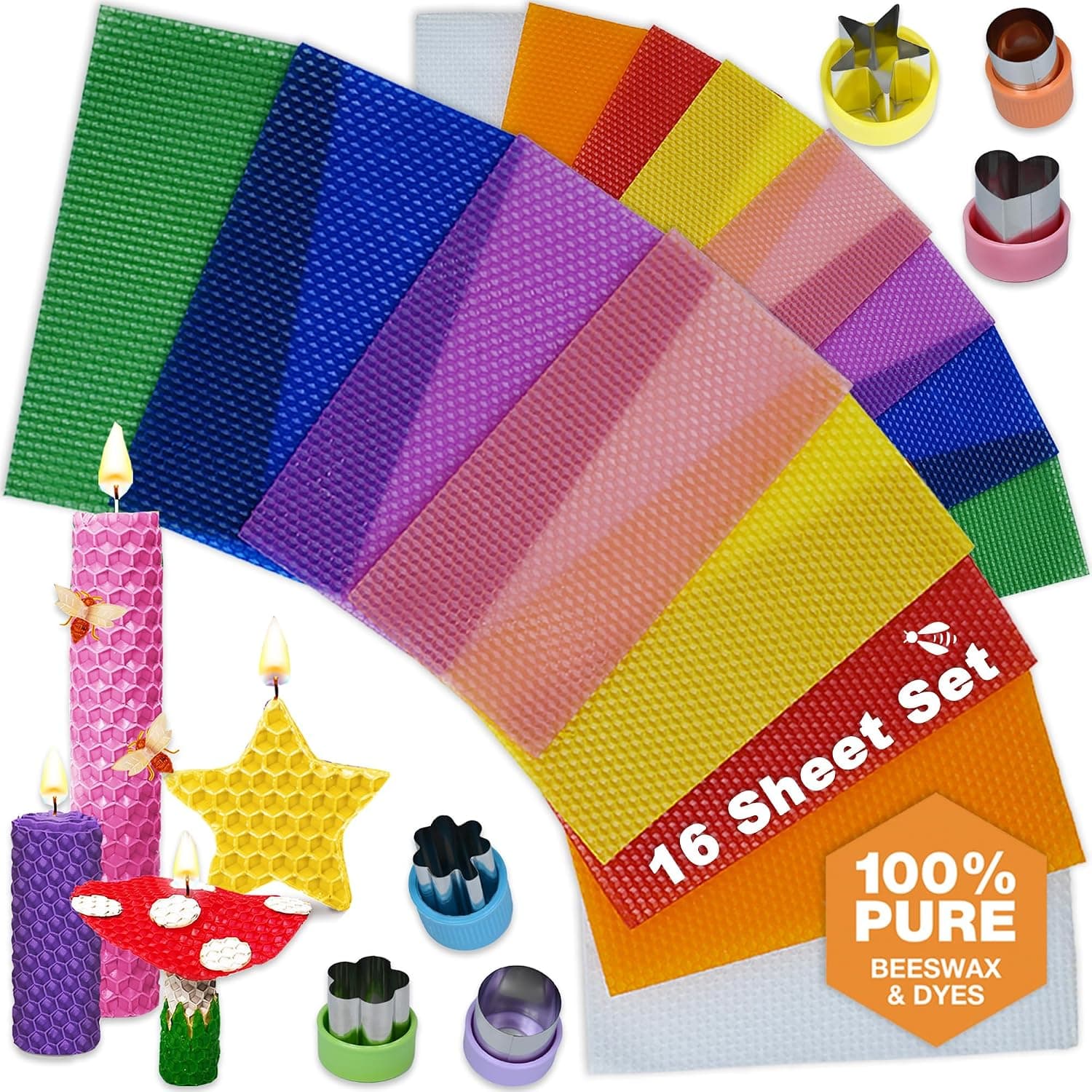 Beeswax Candle Making Kit for Kids, 16 Sheets with Cutters and Wick