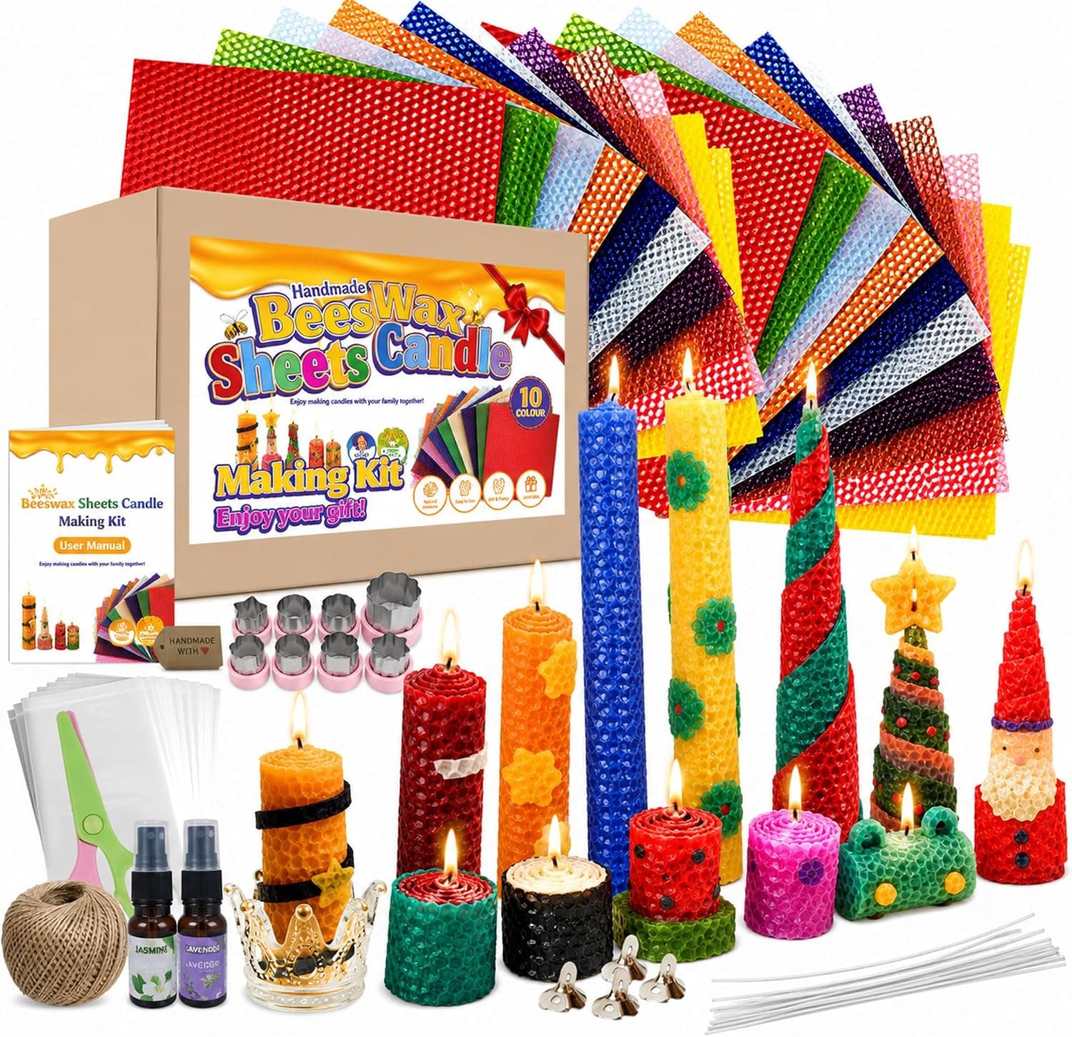 Beeswax Candle Making Kit for Kids with Embossing Molds and Glass Holders