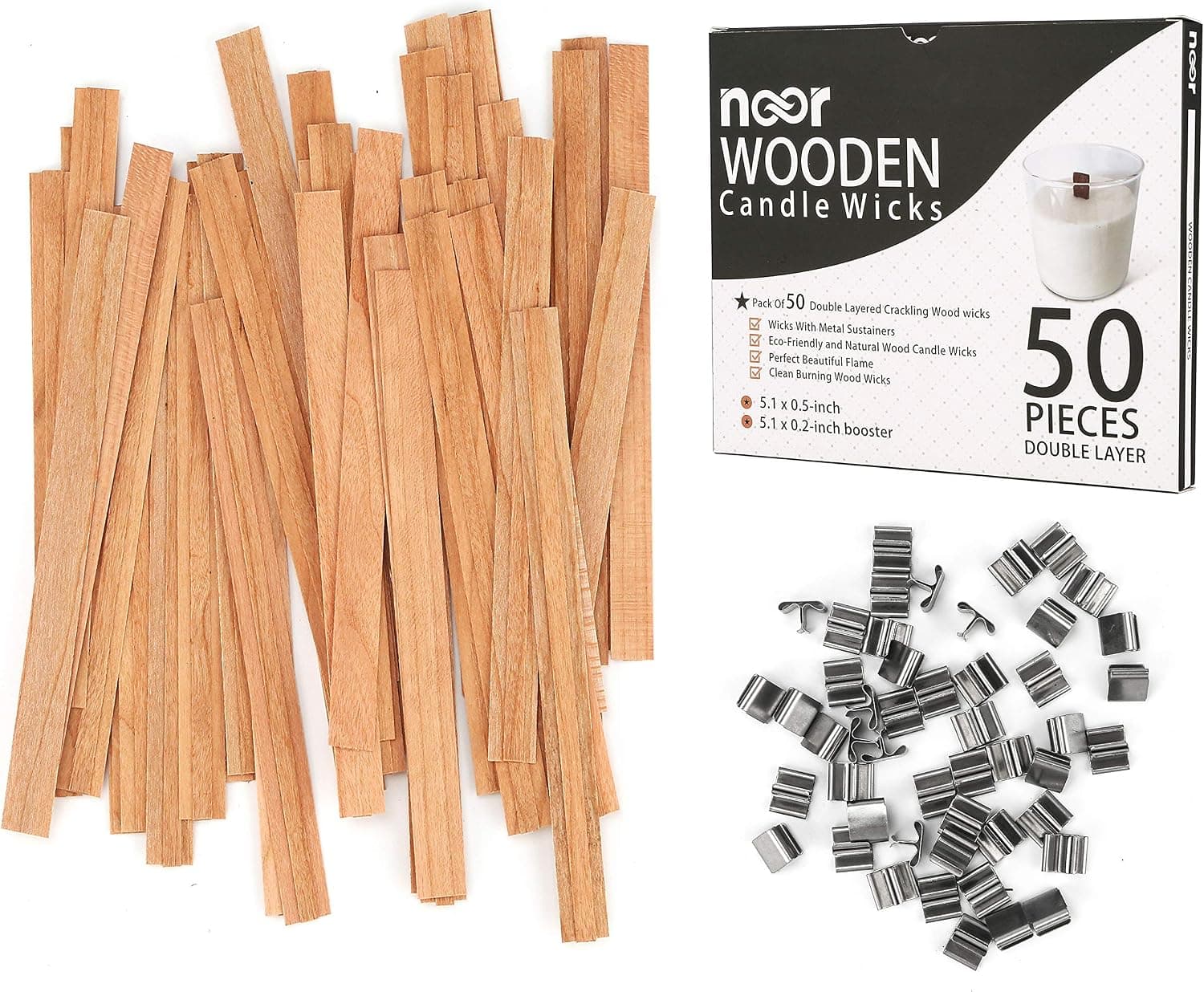 NOOR Double Layer Crackling Wood Wicks with Clips, 50 pack