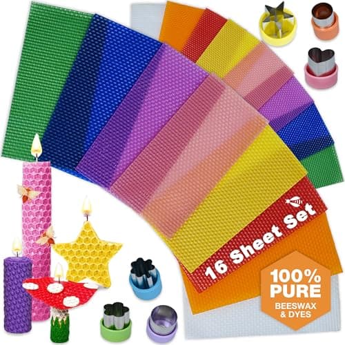 Beeswax Candle Making Kit for Kids, 16 Sheets with Cutters and Wick